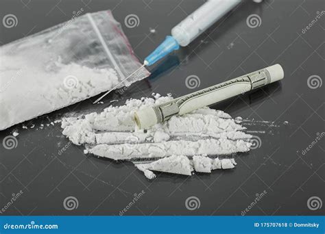 Syringe for Heroin and Cocaine Powder on Black Background, Drug Abuse Concept Stock Photo ...