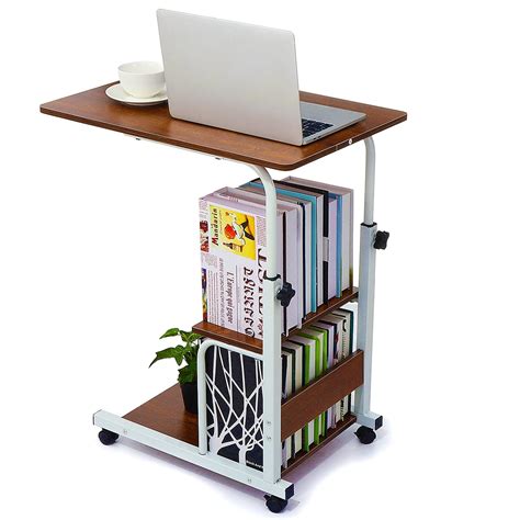 Adjustable Height Mobile Laptop Desk,Rolling Laptop Cart with 2 Tier Storage Shelves, Over Bed ...