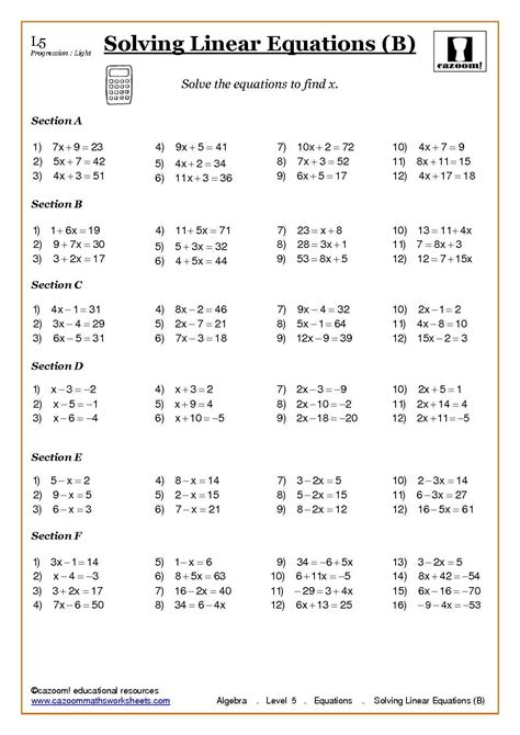 Practice Linear Equations Worksheets