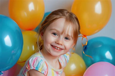 Premium Photo | Happy Little Girl with Balloons Generative AI