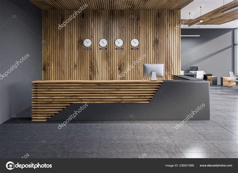 Gray Wooden Reception Desk Standing Modern Office Gray Wooden Walls Stock Photo by ...