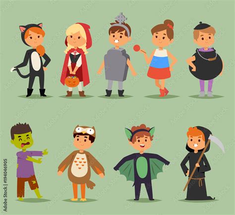 Cartoon cute kids wearing Halloween costumes vector characters. Little ...