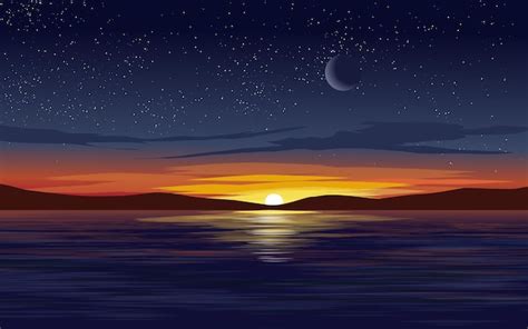 Premium Vector | Calm sunset over ocean with island, moon and stars