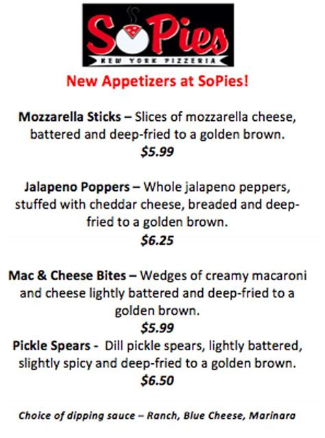 Menu of SoPies NY Pizzeria in Southern Pines, NC 28387