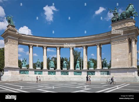 Statues of seven kings of Hungary stand in the left colonnade of the Millennium Monument in ...