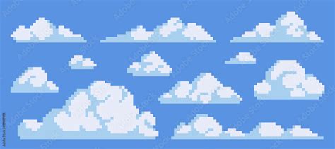 Fluffy clouds pixel art icon set. Smoke or fog, sky elements logo collection. 8-bit sprite. Game ...