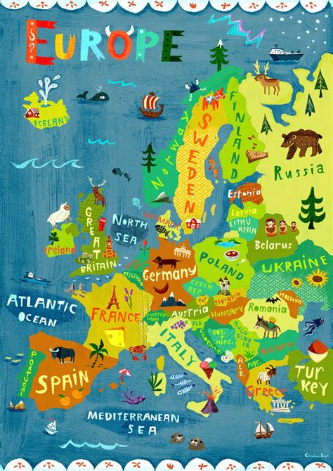 Europe Map Illustration / Digital print poster / Kids Room | Etsy | Zeměpis, Obrázky, Plakát