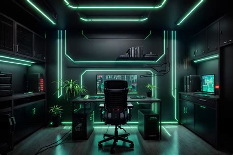 Cyberpunk-style (home office interior) with plant and office chair and ...