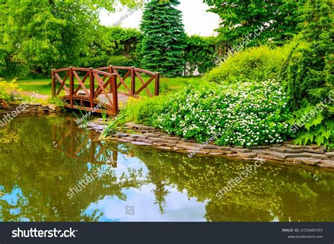 Japanese Garden Wooden Bridge Across Pond Stock Photo 2155685707 | Shutterstock