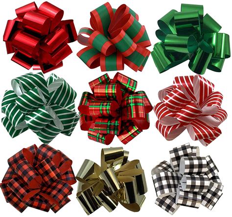 Christmas Gift Wrap Pull Bows - 5" Wide, Set of 9, Metallic Red, Green ...