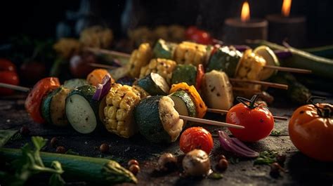 Premium Photo | Vegetable skewers with a variety of grilled vegetables generative ai