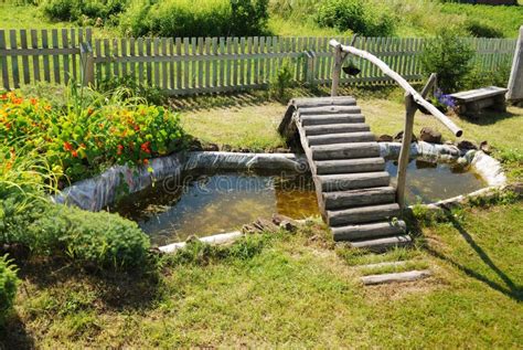 Small Garden Pond with Wooden Bridge Stock Image - Image of human, front: 21998829