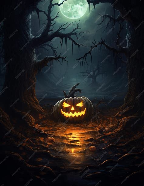 Premium AI Image | Halloween haunted forest creepy landscape at night