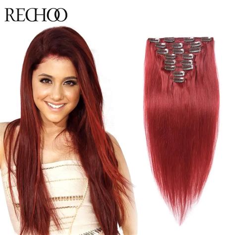 10Pcs Clip In Human Hair Extensions 100% Remy Human Hair Clip Ins Red ...