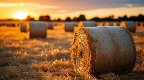 Premium AI Image | Large field with straw bales sunset