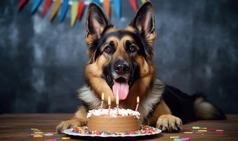 Premium AI Image | Happy birthday German Shepherd dog celebrating with cake and candles