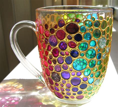 Rainbow Coffee Mug Gift, Colorful Hand Painted Glass Mug With Bubbles Design - Etsy | Tazas de ...