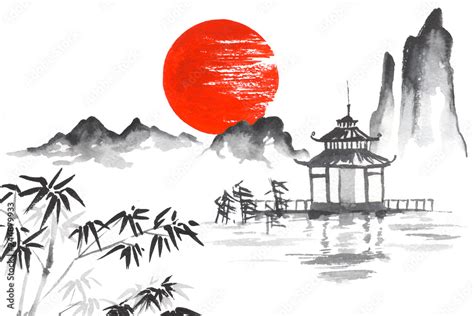 Japan Traditional japanese painting Sumi-e art Sun Mountain Temple Bamboo Stock Illustration ...