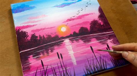 PINK SUNSET / ACRYLIC LANDSCAPE PAINTING / How To Paint For Beginners ...