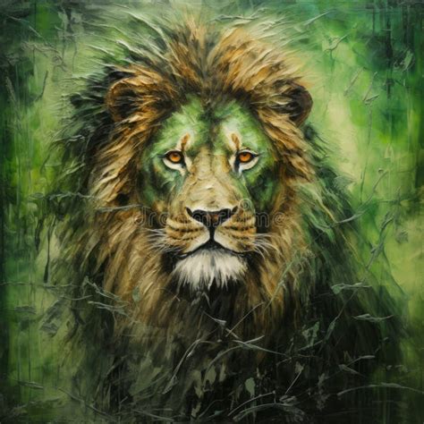 Green Lion: Mysterious Jungle in Realistic Impressionism Stock ...