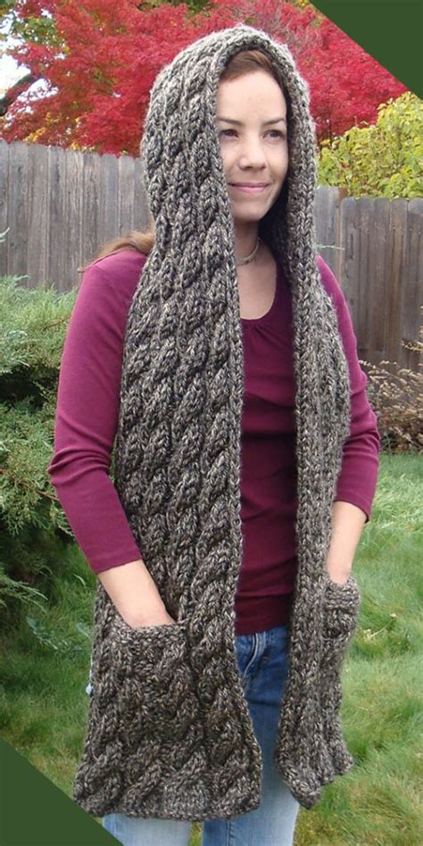 Gray Cable Knit Chunky Hooded Scarf Pattern with Pockets | Knitting Things