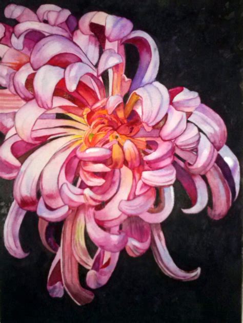 a painting of a pink flower on a black and white background, with the center section partially open