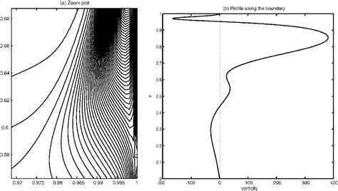 Vorticity plot at time t = 1: (a) zoomed contour plot in the region... | Download Scientific Diagram