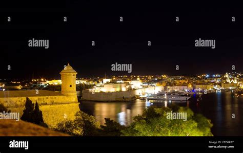 Night view of Port of Valletta (Grand Harbour) seen from Valletta city walls, Malta Stock Photo ...