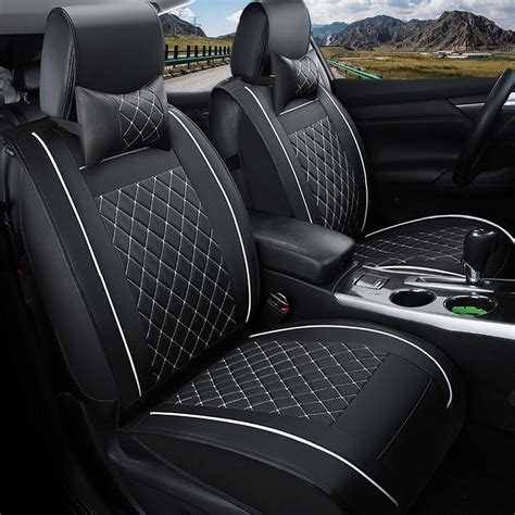 Double PU Leather Car Front Seat Cover with Pillow Universal for Five Seats Car Black and White ...