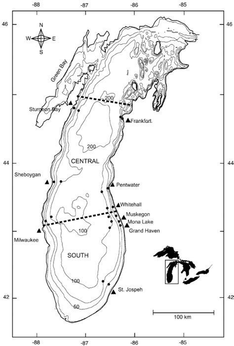 Map of Lake Michigan and locations of nearshore (45) and offshore... | Download Scientific ...