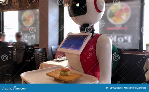 Robot Waiter or Waitress Serves Food at Restaurant. Future Concept of Worker Stock Footage ...