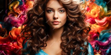 Premium Photo | Brunette girl with long and shiny wavy hair on rainbow background hairstyle hair ...