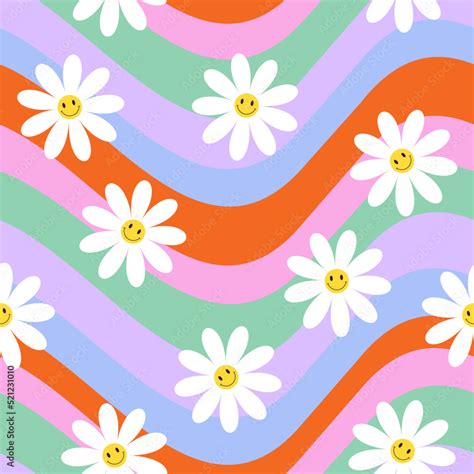 70s seamless vector pattern with vintage daisy or camomile groovy ...