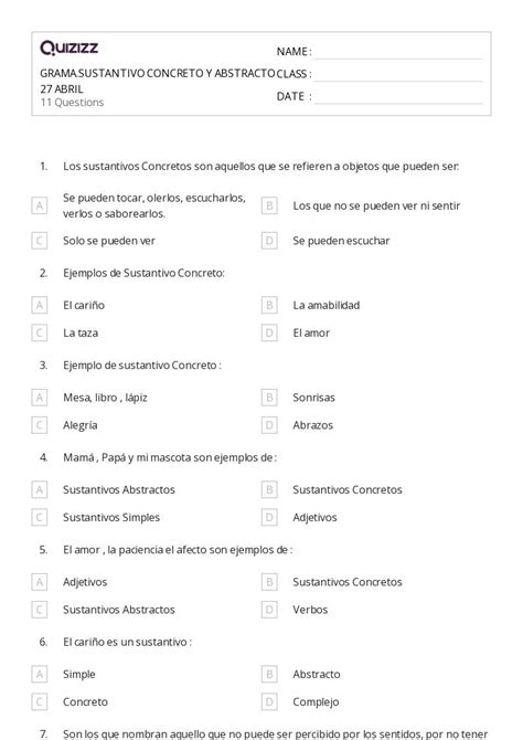 50+ Sustantivos abstractos hojas de trabajo en Quizizz | Gratis e imprimible