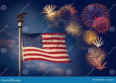 Festive Fireworks Display with American Flag Stock Photo - Image of celebration, light: 120187892