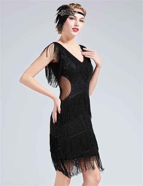 BABEYOND 1920s Flapper Dress V Neck Sequin Beaded Dress Roaring 20s Gatsby Fringe Party Dress ...