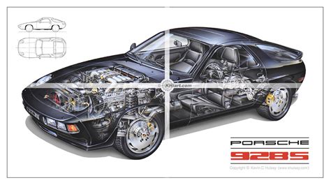 Automotive illustration of a cutaway Porsche 928.