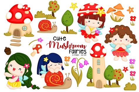 Mushroom Cute Fairies Clipart Graphic by Inkley Studio · Creative Fabrica