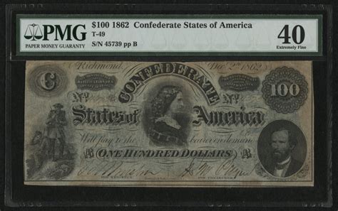 1862 $100 One Hundred Dollars Confederate States of America Richmond CSA Bank Note Bill (T-49 ...