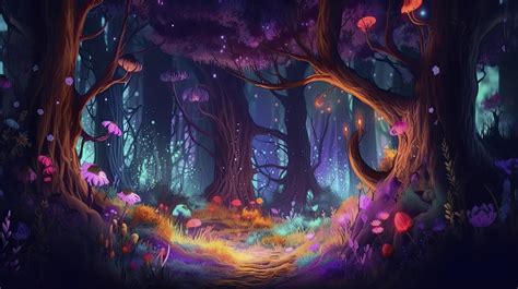 A beautiful fairytale enchanted forest at night made of glittering crystals with trees and ...