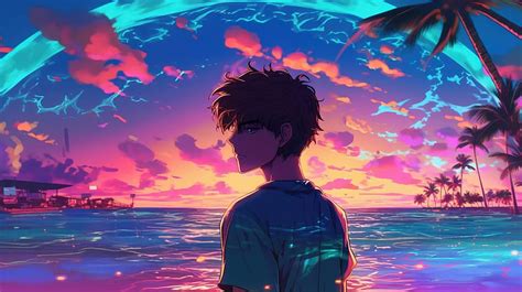 Boy Vaporwave Sunset Glow Palm Trees Yacht Relaxing, anime-boy, anime, alone, HD wallpaper | Peakpx