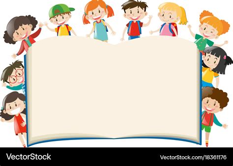 Background template with kids around book Vector Image