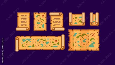 Ancient Treasure Map set on Parchment Scroll. Pixel art path Map icon ...