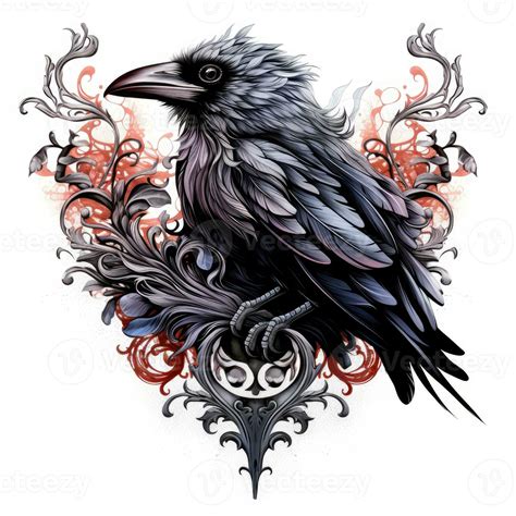 raven portrait Halloween illustration scary horror design tattoo vector isolated sticker fantasy ...