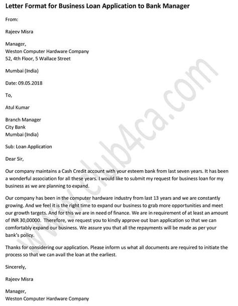 Application Letter for Business Loan to Bank Manager