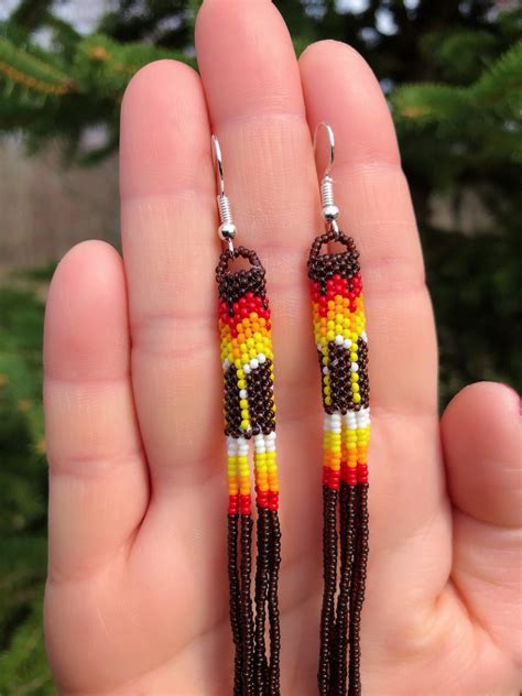 Native American Beaded Earrings - Dangle Earrings - Pyote Stitch Earrings - Brown Yellow Red ...