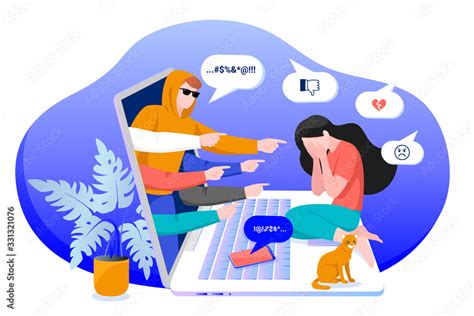 Cyber bullying in social networks and online abuse concept. Vector flat cartoon illustration of ...