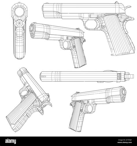 Set with a low poly pistol Colt 1911. Wireframe of a pistol in different positions isolated on a ...