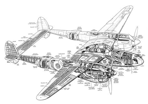 Lockheed P-38 Lightning Cutaway Drawing in High quality