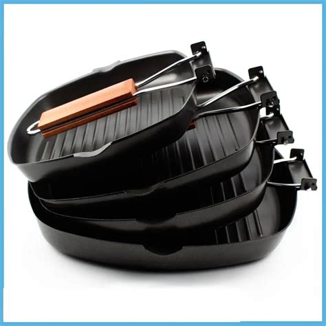 Cast Iron Steak Grill Pans Non Stick Frying Pan Wooden Handle Folding for Kitchen Fry Cooking ...